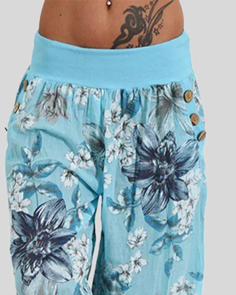 Floral Print Button Decor Low Waist Pants