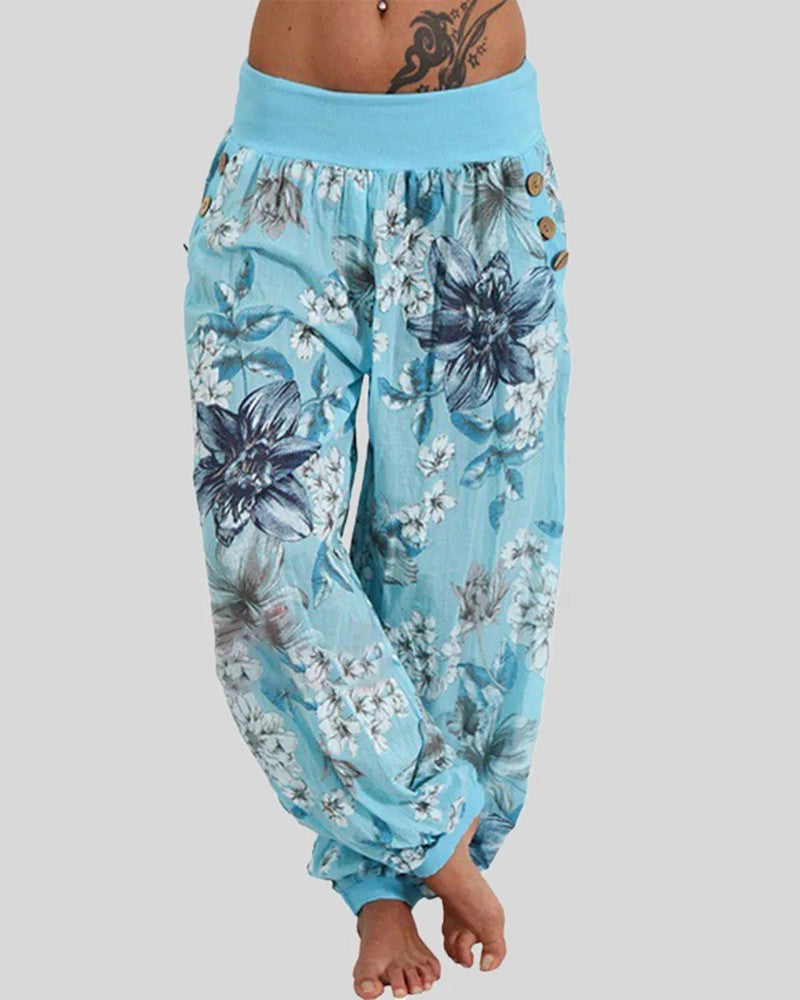 Floral Print Button Decor Low Waist Pants