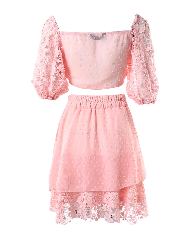 Swiss Dot Tied Detail Puff Sleeve Top & Ruffles Skirt Set