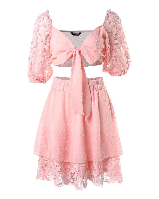 Swiss Dot Tied Detail Puff Sleeve Top & Ruffles Skirt Set