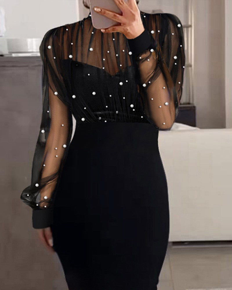 Sheer Mesh Patch Beaded Bodycon Dress