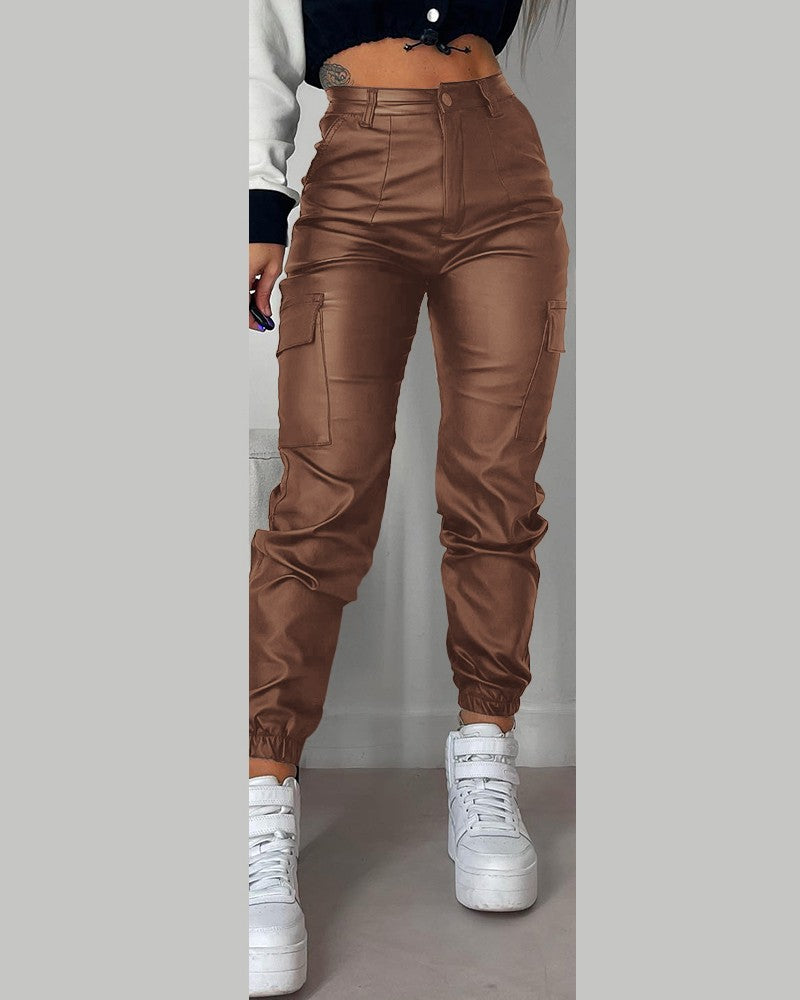 Pocket Design Cuffed PU Leather Pants