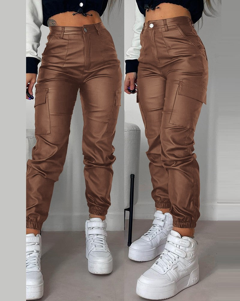 Pocket Design Cuffed PU Leather Pants